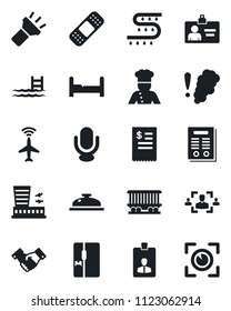 Set of vector isolated black icon - plane radar vector, airport building, handshake, identity card, drip irrigation, patch, railroad, microphone, torch, hr, contract, pool, bedroom, fridge, cook