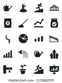 Set of vector isolated black icon - seedling vector, watering can, sproute, hoe, sickle, greenhouse, fertilizer, drip irrigation, bar graph, pie, point, career ladder, arrow up, crisis, presentation