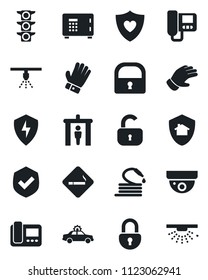 Set of vector isolated black icon - security gate vector, smoking place, alarm car, safe, glove, hose, heart shield, traffic light, protect, lock, intercome, home, surveillance, sprinkler