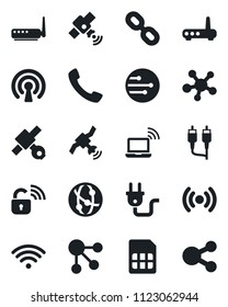 Set of vector isolated black icon - wireless notebook vector, satellite, network, share, chain, rca, call, sim, power plug, lock, router, social media