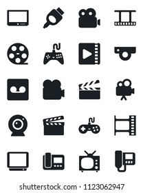 Set of vector isolated black icon - clapboard vector, film frame, reel, gamepad, tv, video camera, hdmi, record, web, intercome