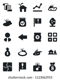 Set of vector isolated black icon - bomb in case vector, left arrow, contract, pond, fertilizer, important flag, application, point graph, house with tree, fruit, estate agent, eco, money bag