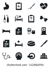 Set of vector isolated black icon - bed vector, medical room, heart pulse, diagnosis, stethoscope, blood pressure, pills, ampoule, scalpel, tomography, hospital, stomach, broken bone, clipboard