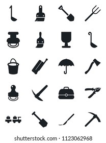 Set of vector isolated black icon - suitcase vector, baggage larry, job, farm fork, bucket, pruner, axe, scalpel, fragile, umbrella, themes, stamp, ladle, case, hard work
