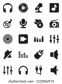 Set of vector isolated black icon - vinyl vector, flame disk, microphone, radio, settings, equalizer, headphones, fast forward, rca, tuning, mute, music, sound