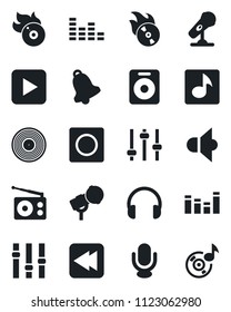 Set of vector isolated black icon - vinyl vector, flame disk, microphone, radio, speaker, settings, equalizer, headphones, play button, rewind, tuning, bell, record, music