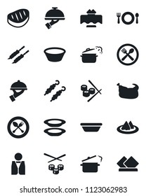 Set of vector isolated black icon - spoon and fork vector, waiter, restaurant table, serviette, cafe, plates, chicken, steak, kebab, bowl, steaming pan, sushi