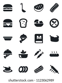 Set of vector isolated black icon - spoon and fork vector, menu, salad, plates, bacon, waiter, bread, chicken, steak, kebab, hamburger, ladle, bowl, rolling pin