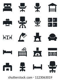 Set of vector isolated black icon - cafe vector, bed, checkroom, office chair, fireplace, desk lamp, bedroom, children room, cushioned furniture, restaurant table, alcove