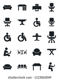 Set of vector isolated black icon - cafe vector, waiting area, disabled, office chair, desk, picnic table, cushioned furniture, restaurant, man with notebook