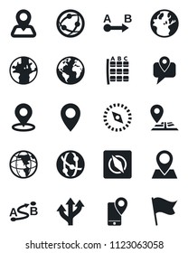 Set of vector isolated black icon - seat map vector, route, navigation, earth, pin, mobile tracking, network, place tag, compass, flag