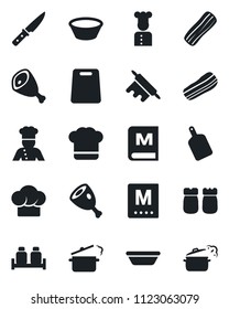 Set of vector isolated black icon - cook vector, hat, menu, bacon, salt and pepper, ham, bowl, rolling pin, cutting board, knife, steaming pan