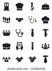 Set of vector isolated black icon - medical room vector, handshake, team, tie, document, stethoscope, meeting, cook hat, case
