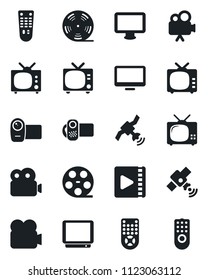 Set of vector isolated black icon - tv vector, reel, satellite, video camera, remote control, monitor