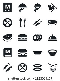 Set of vector isolated black icon - spoon and fork vector, dish, cafe, menu, plates, waiter, steak, kebab, hamburger, bowl, sushi