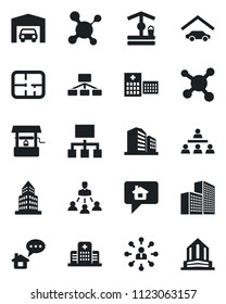 Set of vector isolated black icon - hierarchy vector, well, molecule, hospital, office building, garage, plan, home message