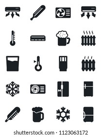 Set of vector isolated black icon - thermometer vector, heater, air conditioner, fridge, drink, beer, snowflake