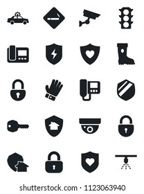 Set of vector isolated black icon - smoking place vector, alarm car, lock, glove, boot, heart shield, traffic light, protect, key, intercome, home, surveillance, sprinkler