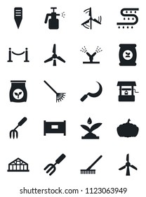 Set of vector isolated black icon - fence vector, garden fork, rake, well, sickle, plant label, pumpkin, greenhouse, sprayer, fertilizer, drip irrigation, windmill