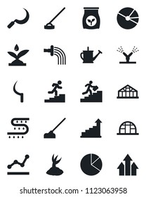 Set of vector isolated black icon - growth statistic vector, watering can, sproute, hoe, sickle, greenhouse, fertilizer, drip irrigation, pie graph, point, career ladder, arrow up
