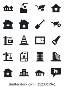 Set of vector isolated black icon - border cone vector, office building, shovel, wheelbarrow, saw, house, hospital, with garage, tree, plan, estate document, sweet home, city, crane, message