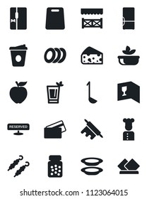 Set of vector isolated black icon - coffee vector, pills bottle, fridge, cook, wine card, reserved, phyto bar, salad, plates, alcove, credit, kebab, ladle, rolling pin, cutting board, apple fruit
