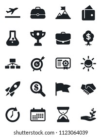 Set of vector isolated black icon - departure vector, alarm led, target, motivation, rocket, handshake, wallet, clock, money search, calendar, flask, flag, case, hierarchy, certificate, award cup