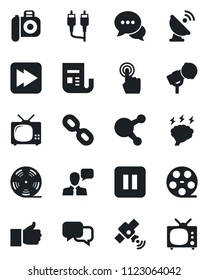 Set of vector isolated black icon - brainstorm vector, satellite antenna, reel, camera, microphone, news, touch screen, dialog, speaker, share, chain, finger up, pause button, fast forward, rca, tv