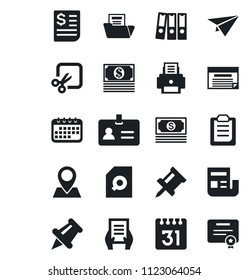 Set of vector isolated black icon - identity vector, document, pin, cash, receipt, paper, calendar, cut, clipboard, drawing, news, folder, search, binder, printer, plane, schedule, certificate