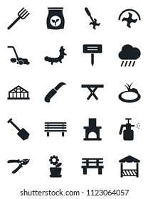 Set of vector isolated black icon - job vector, farm fork, ripper, pruner, lawn mower, rain, garden knife, plant label, bench, fireplace, greenhouse, caterpillar, pond, picnic table, sprayer, alcove