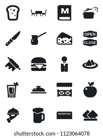 Set of vector isolated black icon - waiter vector, serviette, menu, reserved, reception, phyto bar, beer, bread, cafe table, open close, alcove, hamburger, rolling pin, knife, steaming pan, cheese