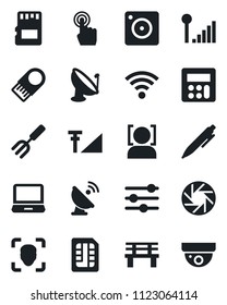 Set of vector isolated black icon - pen vector, garden fork, bench, satellite antenna, touch screen, laptop pc, mobile camera, tuning, calculator, sd, sim, wireless, face id, cellular signal