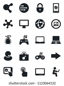 Set of vector isolated black icon - no laptop vector, bomb in case, right arrow, lock, notebook pc, virus, support, gamepad, tv, touch screen, monitor, share, network, home control app, man with