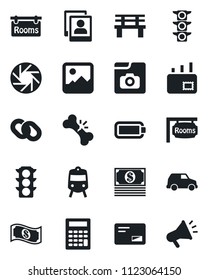 Set of vector isolated black icon - train vector, bench, broken bone, traffic light, chain, mail, mobile camera, gallery, photo, battery, rooms, cash, calculator, car, advertising