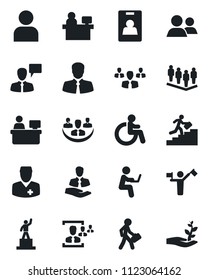 Set of vector isolated black icon - dispatcher vector, disabled, speaking man, pedestal, team, manager place, doctor, client, group, user, company, identity card, hr, career ladder, with notebook