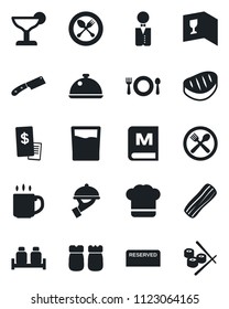 Set of vector isolated black icon - spoon and fork vector, coffee, waiter, dish, cafe, cook hat, wine card, menu, reserved, drink, cocktail, bacon, salt pepper, restaurant receipt, steak, knife