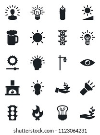 Set of vector isolated black icon - fire vector, sun, garden light, eye, traffic, torch, brightness, fireplace, beer, candle, bulb, palm sproute, shining head, idea