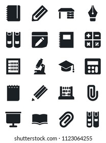 Set of vector isolated black icon - book vector, calculator, graduate, abacus, desk, notepad, pencil, microscope, notes, copybook, presentation board, paper clip, ink pen