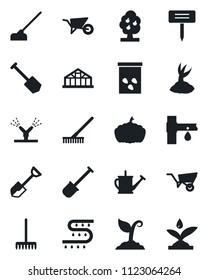 Set of vector isolated black icon - job vector, shovel, rake, watering can, wheelbarrow, sproute, hoe, plant label, pumpkin, greenhouse, seeds, drip irrigation, fruit tree