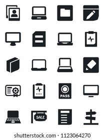 Set of vector isolated black icon - passport vector, notebook pc, document, pulse clipboard, monitor, laptop, folder, notes, photo gallery, blank box, sale, certificate, guidepost