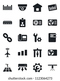 Set of vector isolated black icon - plane radar vector, security gate, identity card, sorting, barcode, chain, root setup, air conditioner, smart home, water heater, intercome, warm floor, sprinkler