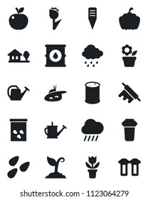 Set of vector isolated black icon - flower in pot vector, watering can, sproute, rain, plant label, pumpkin, seeds, tulip, oil barrel, house with tree, pond, rolling pin, apple fruit, water filter