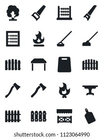 Set of vector isolated black icon - fence vector, tree, saw, fire, hoe, axe, abacus, table, alcove, cutting board
