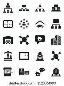 Set of vector isolated black icon - hierarchy vector, well, molecule, hospital, office building, garage, plan, home message