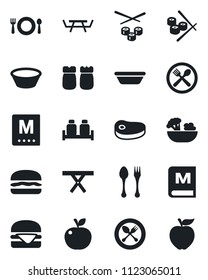 Set of vector isolated black icon - spoon and fork vector, picnic table, cafe, menu, salad, salt pepper, steak, hamburger, bowl, sushi, apple fruit