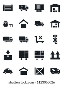 Set of vector isolated black icon - truck trailer vector, car delivery, sea port, container, consolidated cargo, warehouse storage, up side sign, no trolley, hook, package, moving
