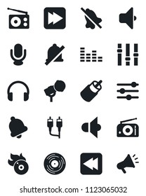 Set of vector isolated black icon - vinyl vector, flame disk, microphone, radio, speaker, settings, equalizer, headphones, fast forward, rewind, rca, tuning, bell, mute, sound, advertising