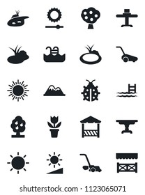 Set of vector isolated black icon - sun vector, flower in pot, lawn mower, lady bug, pond, brightness, pool, fruit tree, mountains, table, restaurant, alcove