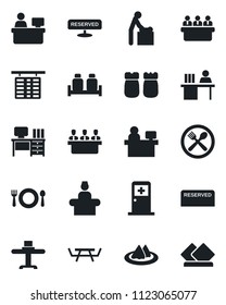 Set of vector isolated black icon - baby room vector, reception, flight table, medical, desk, meeting, manager place, picnic, restaurant, serviette, cafe, reserved, salt and pepper