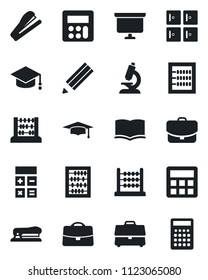Set of vector isolated black icon - checkroom vector, book, calculator, graduate, abacus, presentation board, microscope, case, pencil, stapler